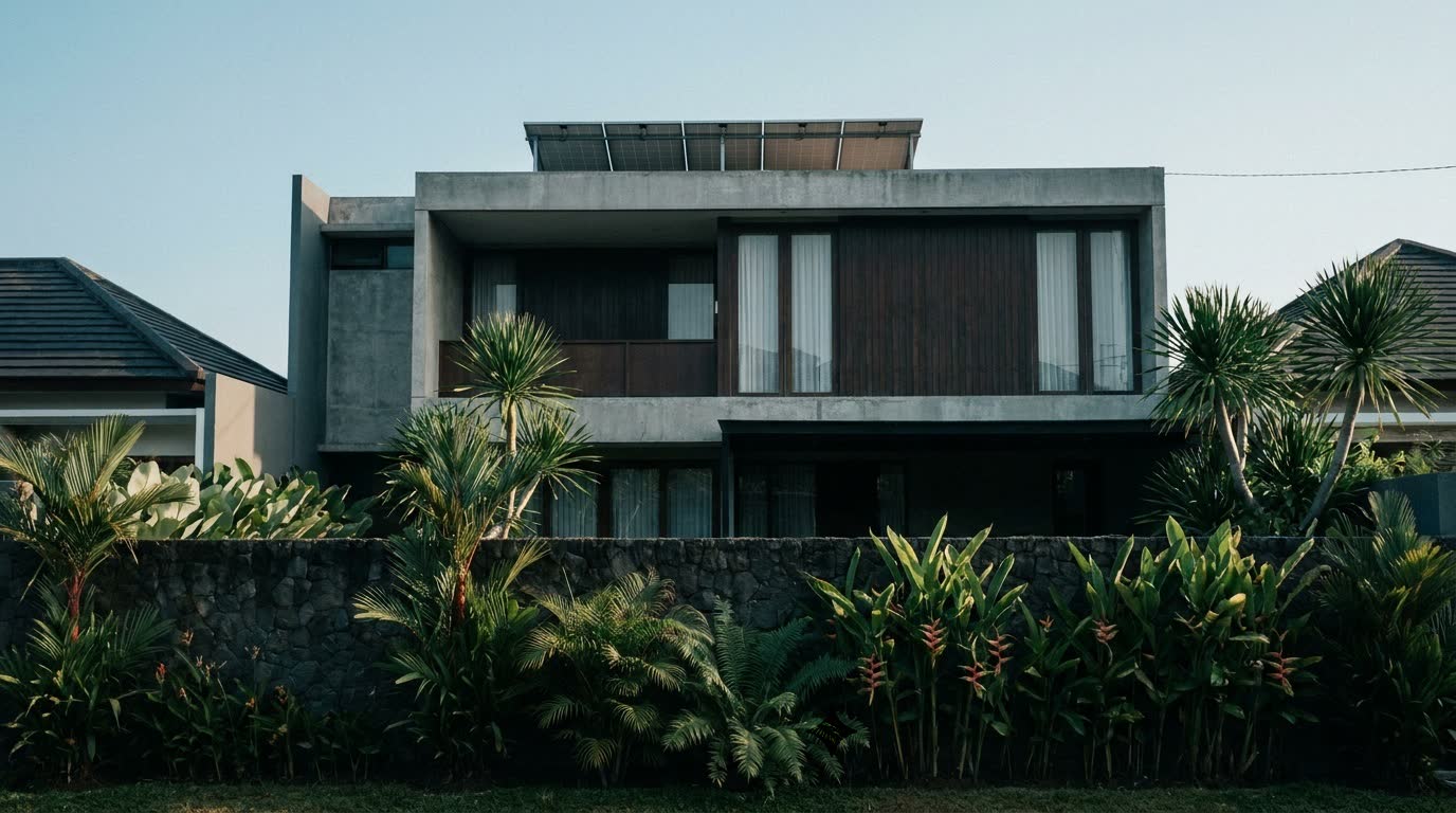 Rumah dengan larik panel surya terpasang rapi mengikuti bidang atap.