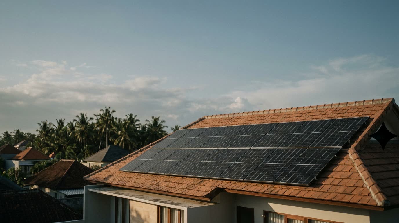 Rumah tinggal dengan panel surya terpasang di atap dan sistem hybrid di dalamnya.