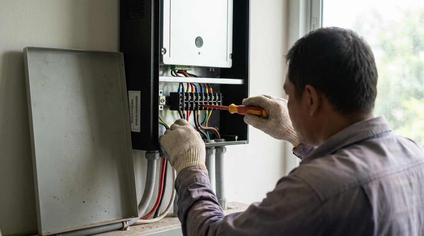 Teknisi merapikan pengawatan pada inverter hybrid dan perangkat proteksi di dalam panel.